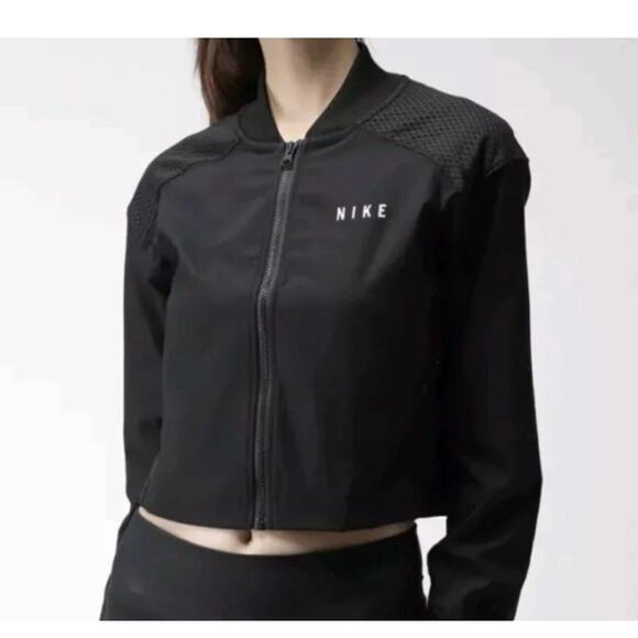 Nike Cropped Mesh Spell Out Full Zip Jacket Size Medium Black BQ6733 EUC #a - Picture 2 of 7